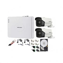 Kit profesional 2 camere supraveghere 8MP 4K, IR 80m HikVision + DVR 4 canale HikVision + Surse + Cablu + Mufe + HDD 500GB