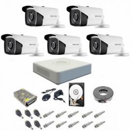 Sistem supraveghere complet cu 5 camere video Hikvision Turbo Hd, 720P, IR la 40 metri