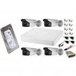 Sistem supraveghere video ultra profesional Hikvision 4 camere exterior 5MP Turbo HD cu IR 80M, full accesorii cu HARD 1TB