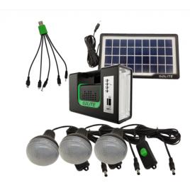 Kit solar iluminare gd-lite 10 cu 3 becuri led, port usb incarcare dispozitive, mp3 player, radio fm