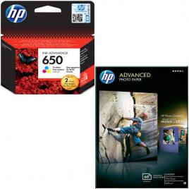 Pachet  Hartie foto + cartus imprimanta HP Advanced Glossy 10x15cm 60 coli/set + HP 650