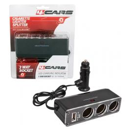 Priza tripla bricheta cu USB si cablu prelungitor 12/24V 4Cars