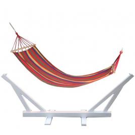 Set suport premium alb + hamac rosu pentru 1 persoana, ideal pentru relaxare in gradina sau curte, dimensiuni 195x85cm, capacitate 150kg mania premium