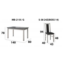 Set masa extensibila 140x180cm cu 4 scaune tapitate, MB-21 Modena1 si S-38 Boss14 B24Z, alb/grafit, lemn masiv de fag, stofa