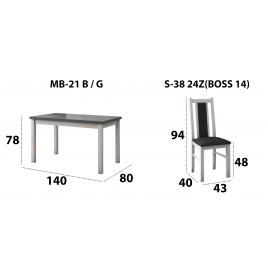 Set masa extensibila 140x180cm cu 4 scaune tapitate, MB-21 Modena1 si S-38 Boss14 B24Z, alb/grafit, lemn masiv de fag, stofa