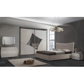 Dormitor Atom, bej/gri, pat 160x190 cm, dulap cu 2 usi culisante, comoda, 2 noptiere