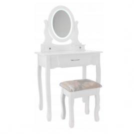 Masa de toaleta, machiaj, alba, cu oglinda cu led, sertare si taburet, 71x40.5x135 cm