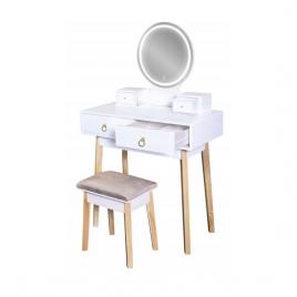 Masa de toaleta machiaj alba cu oglinda cu led si taburet model scandinav 80x40x133.5  cm