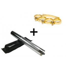 Set baston telescopic din otel, argintiu, 64 cm si box craniu auriu