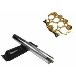 Set baston telescopic din otel, argintiu, 64 cm + box-rozeta craniu auriu