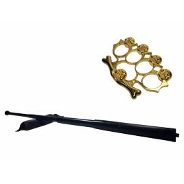 Set baston telescopic din otel, negru, 64 cm + box-rozeta craniu auriu