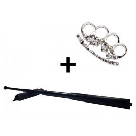 Set baston telescopic din otel, negru, 64 cm + pumnal/box craniu argintiu
