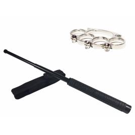 Set baston telescopic police, 49 cm + box craniu argintiu