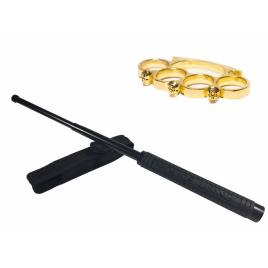 Set baston telescopic police, 49 cm + box craniu auriu