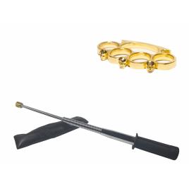 Set baston telescopic flexibil argintiu, maner cauciuc, 47 cm  + box craniu auriu