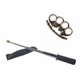 Set baston telescopic flexibil argintiu, maner cauciuc, 47 cm  + pumnal craniu