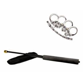 Set baston telescopic flexibil negru 47 cm +  pumnal/box craniu argintiu