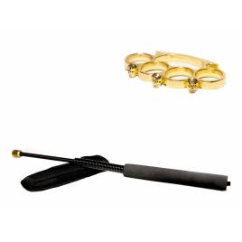 Set baston telescopic flexibil negru 47 cm si box craniu auriu