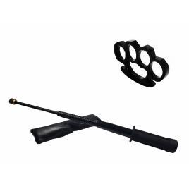 Set baston telescopic flexibil negru maner tip tonfa 47 cm +  box negru 1 cm grosime