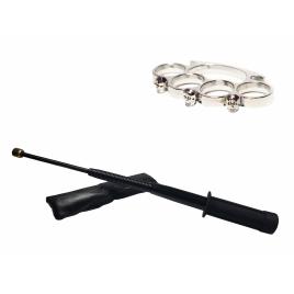 Set baston telescopic flexibil negru maner tip tonfa 47 cm + box craniu argintiu