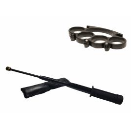 Set baston telescopic flexibil negru maner tip tonfa 47 cm + box craniu negru