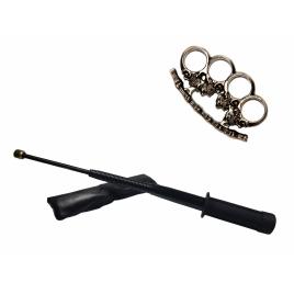Set baston telescopic flexibil negru maner tip tonfa 47 cm + pumnal craniu