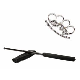 Set baston telescopic negru 50 cm +  pumnal/box craniu argintiu