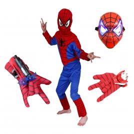 Set costum spiderman, marime 3-5 ani, doua lansatoare si masca plastic led, rosu