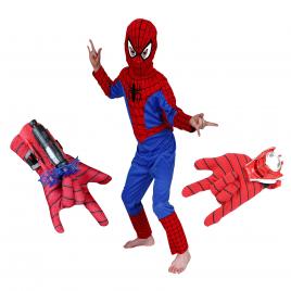 Set costum spiderman l, 120-130 cm si doua manusi cu ventuze si discuri, rosu