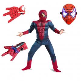 Set costum spiderman cu muschi, pentru 3-5 ani, 2 lansatoare si masca plastic led, rosu