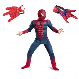 Set costum spiderman cu muschi, pentru 3-5 ani si 2 lansatoare, rosu