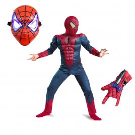 Set costum cu muschi spiderman, 3-5 ani, manusa cu lansator si masca plastic led, rosu