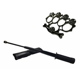 Set baston telescopic flexibil negru maner tip tonfa 47 cm + box,rozeta craniu negru
