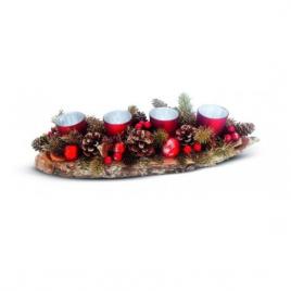 Decoratiune craciun adevent cu suport 4 lumanari lemn rosu 45x13x9 cm