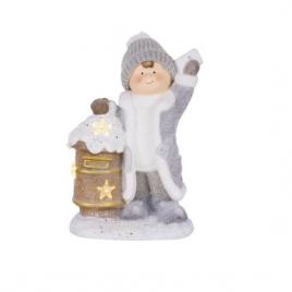 Decoratiune craciun ceramica baiat cu cutie postala inzapezita led 3xaa 33x23x45 cm
