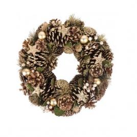 Decoratiune craciun coroana cu conuri si globuri auriu 34 cm