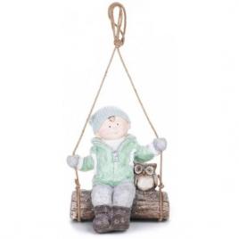 Decoratiune iarna ceramica baiat pe leagan cu bufnita 34.5x25.5x39.5 cm