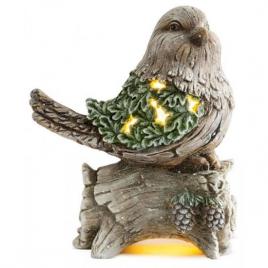 Decoratiune iarna ceramica randunica pe trunchi de copac verde led 3xaaa 22x21.5x40 cm