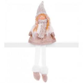 Decoratiune iarna fata cu caciulita si fular maro si alb 17x12x54 cm