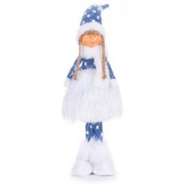 Decoratiune iarna fata cu rochita tricotata si puf albastru si gri 14x11x51 cm