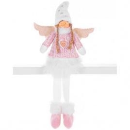 Decoratiune iarna inger cu aripi si fustita alba roz 23x12x59 cm