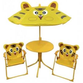 Set mobilier gradina/terasa pentru copii pliabil galben model tigru 1 masa cu umbrela 2 scaune melisenda