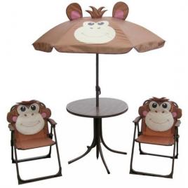 Set mobilier gradina/terasa pentru copii pliabil maro model maimuta 1 masa cu umbrela 2 scaune melisenda