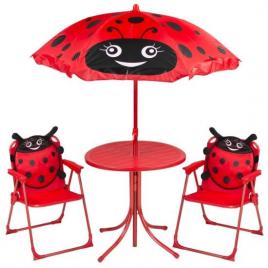 Set mobilier gradina/terasa pentru copii pliabil rosu model buburuza 1 masa cu umbrela 2 scaune melisenda