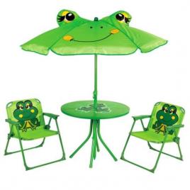 Set mobilier gradina/terasa pentru copii pliabil verde model brosca 1 masa cu umbrela 2 scaune melisenda