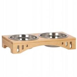 Castron bol pentru caine pisica dublu cu suport bambus metal inox 2x14 cm