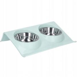 Castron bol pentru caine pisica dublu cu suport inox si plastic albastru 2 x 14 cm