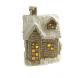 Decoratiune iarna ceramica casa cu ferestre luminate alb si bej led 3xaaa 25x18x36 cm