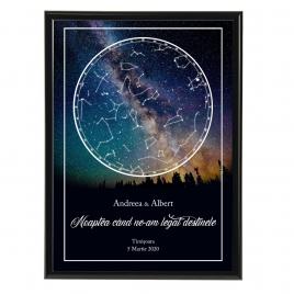 Tablou personalizat cu harta stelelor, model cer multicolor, rama negru, 20 x 30 cm