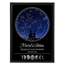 Tablou personalizat cu harta stelelor model cu luna rama negru 20 x 30 cm